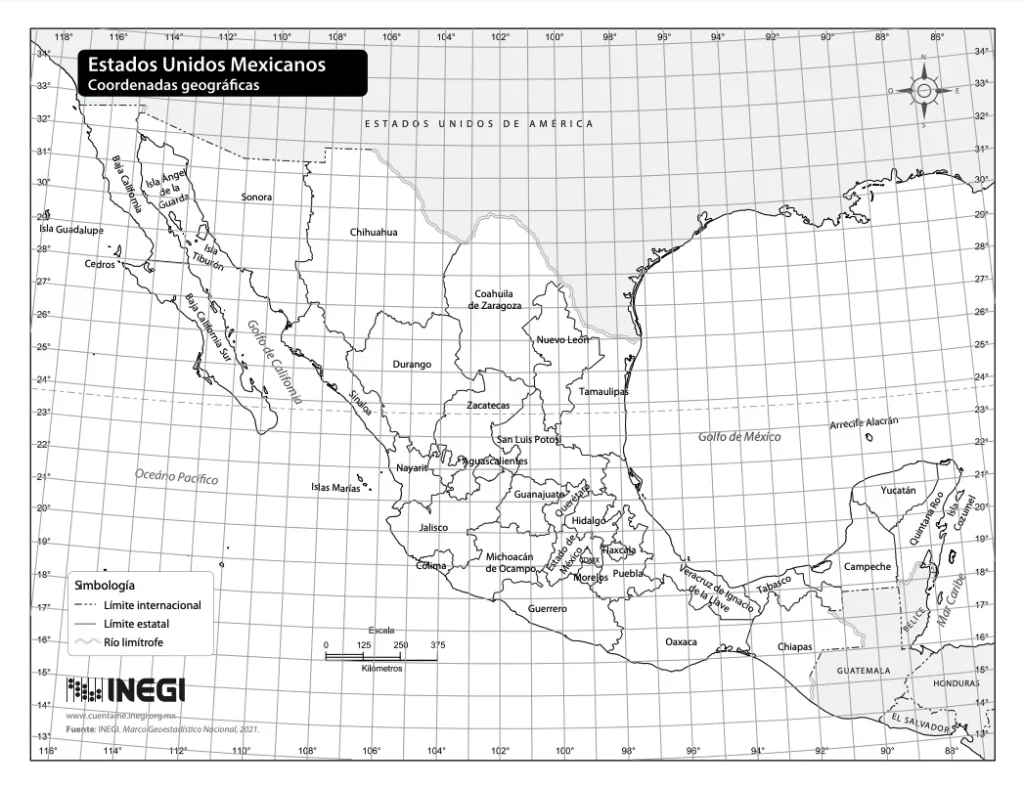 Mapa de México con coordenadas Grado por grado en blanco y negro