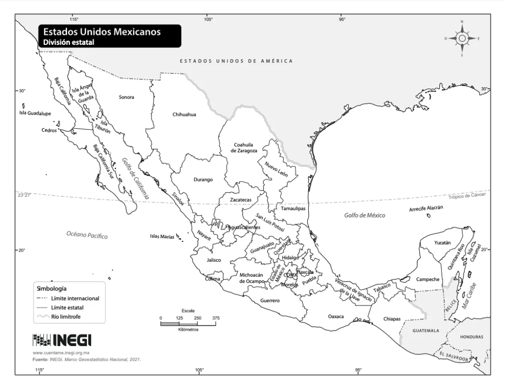 Mapa de México con nombres en blanco y negro