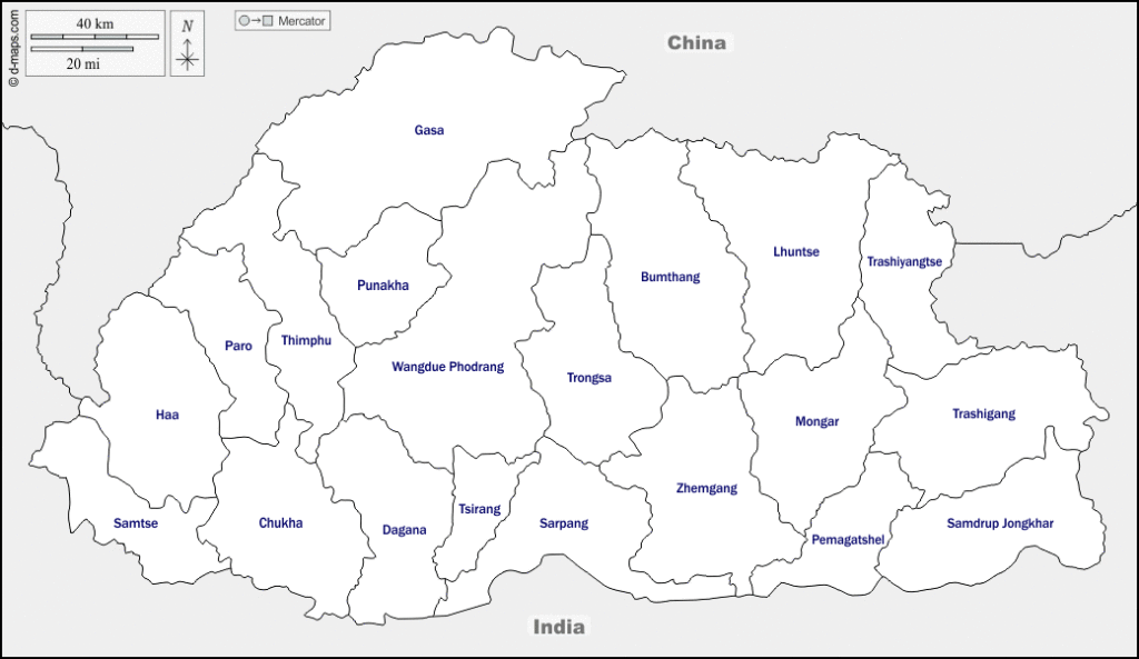 Mapa de Bután con nombres y sin nombres