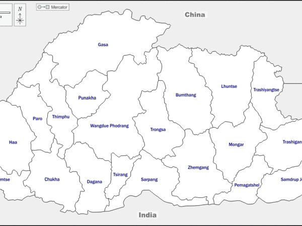 Mapa de Bután con nombres y sin nombres