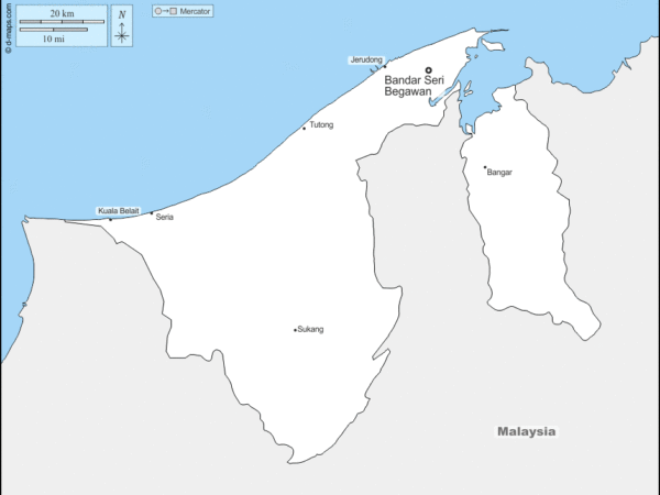 Mapa de Brunéi con nombres y sin nombres