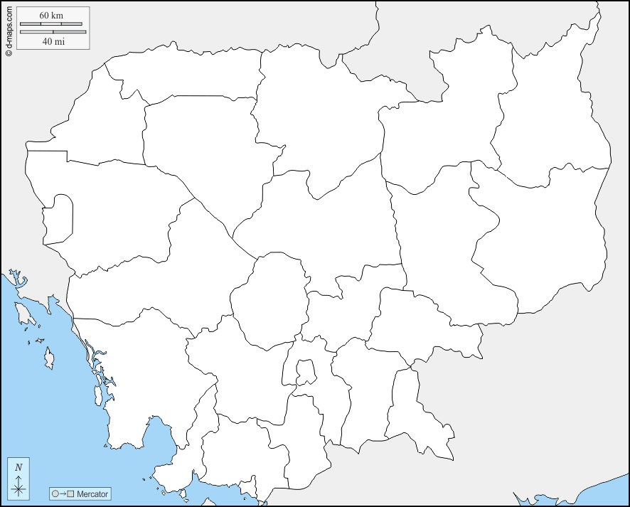 Mapa de Camboya con nombres y sin nombres
