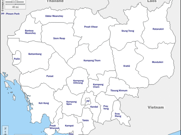 Mapa de Camboya con nombres y sin nombres