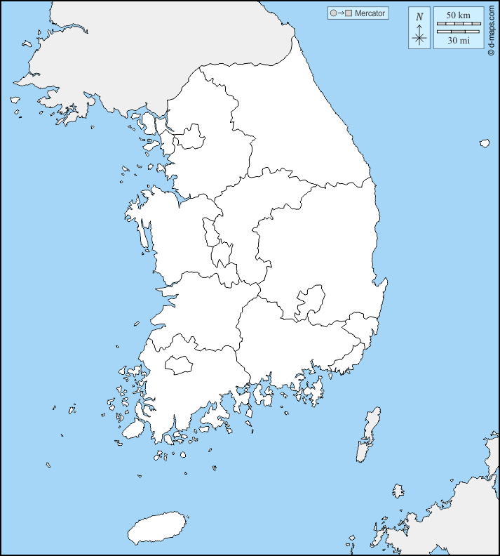 Mapa de Corea del Sur con nombres y sin nombres