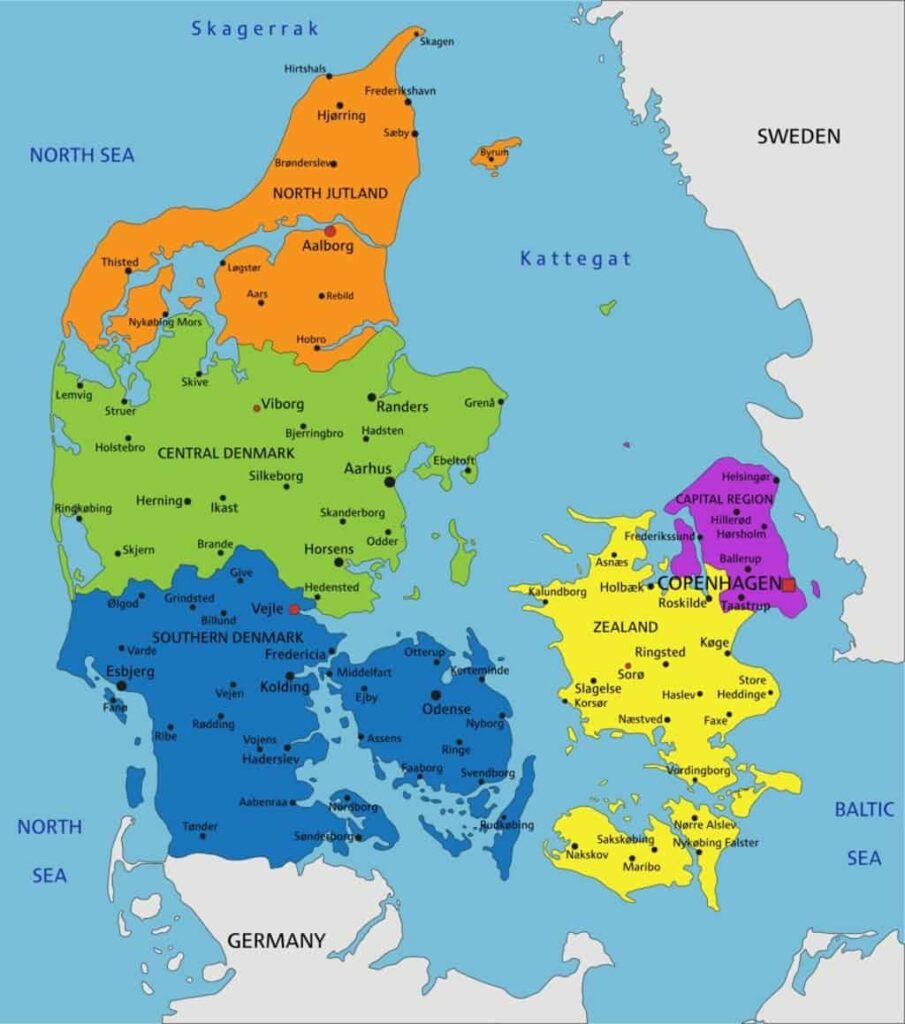 Mapa de Dinamarca con nombres y sin nombres