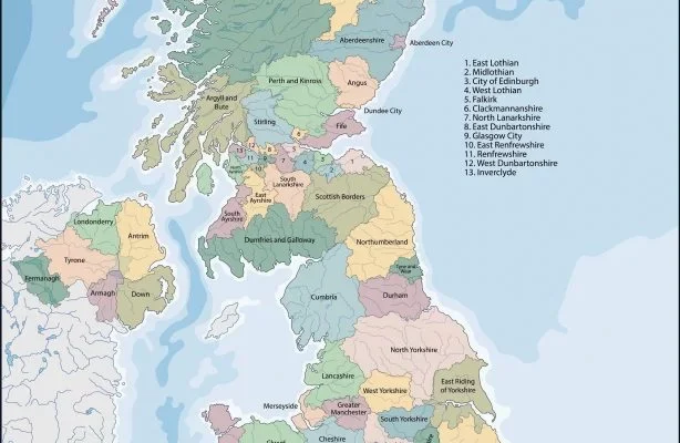 Mapa de Reino Unido con nombres y sin nombres