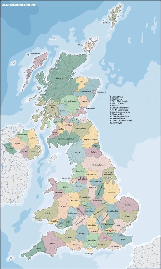Mapa de Reino Unido con nombres y sin nombres