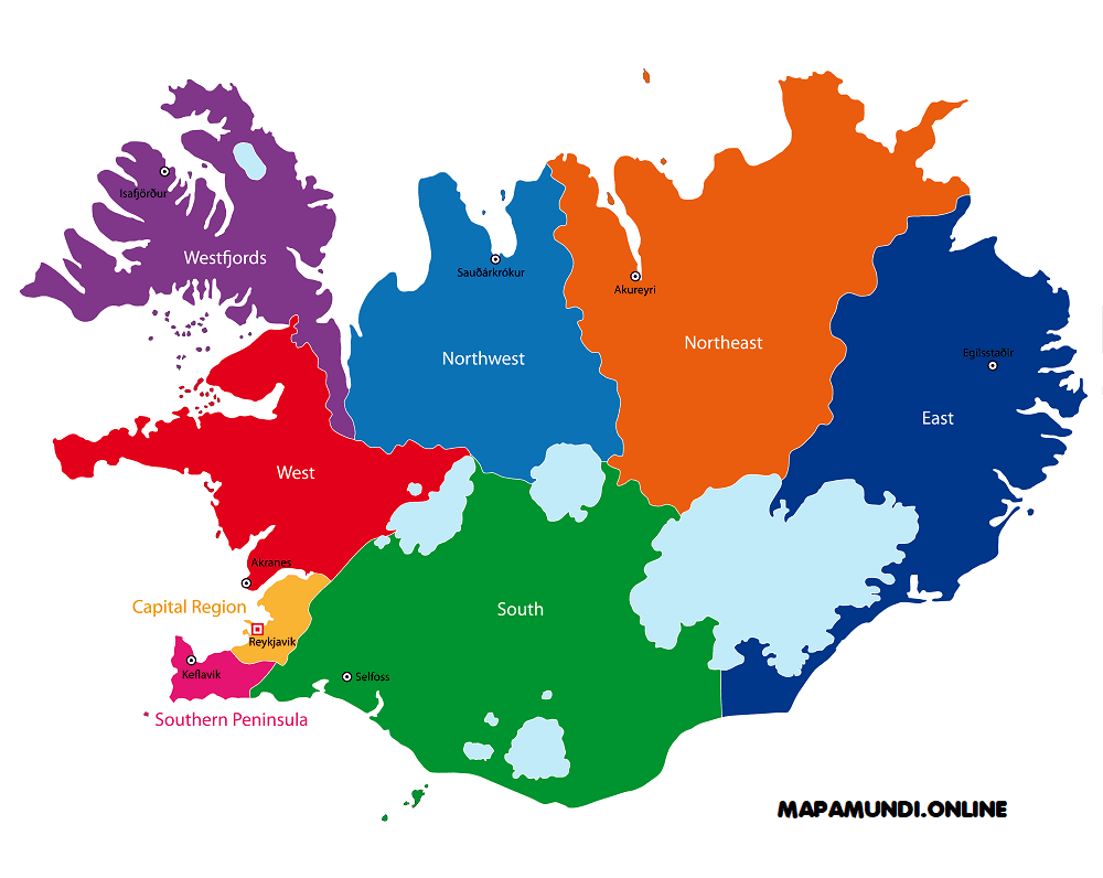 Mapa de Islandia con nombres y sin nombres