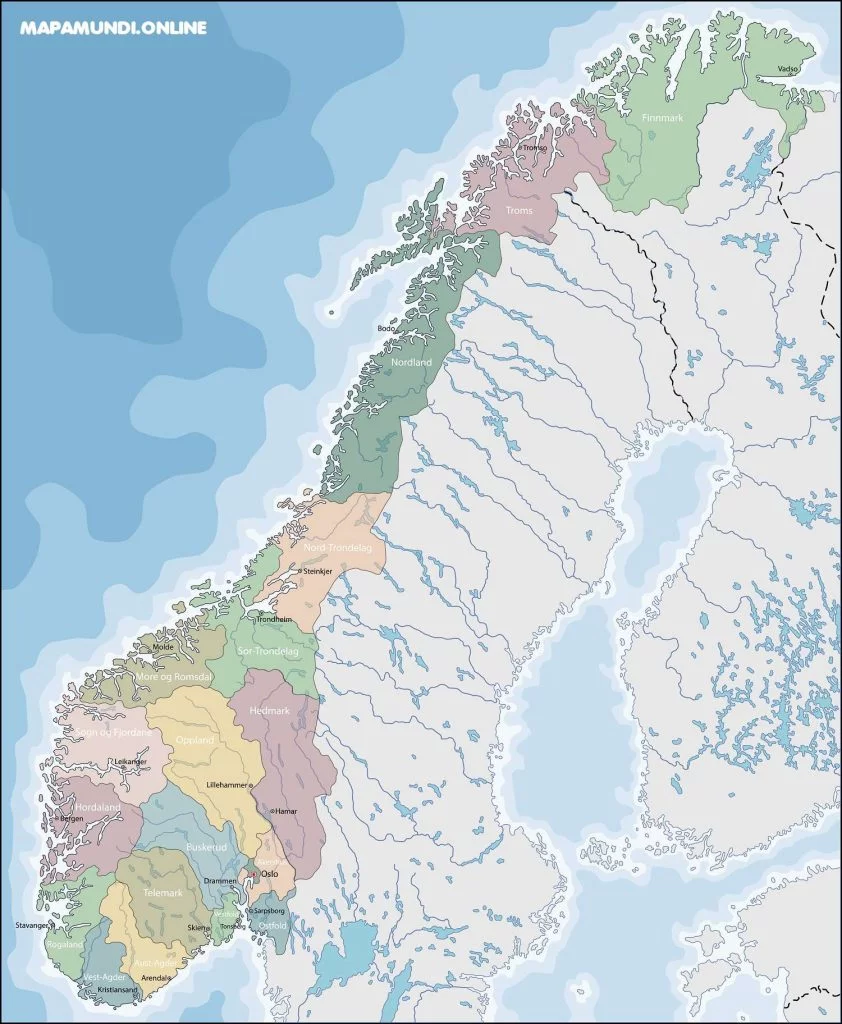 Mapa de Noruega con nombres y sin nombres