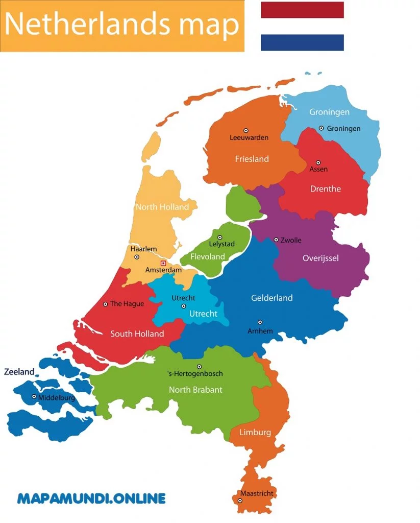 Mapa de Países Bajos con nombres y sin nombres
