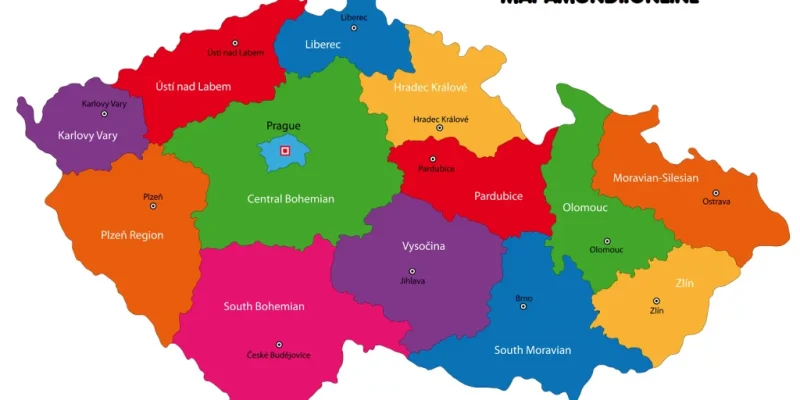Mapa de República Checa con nombres y sin nombres