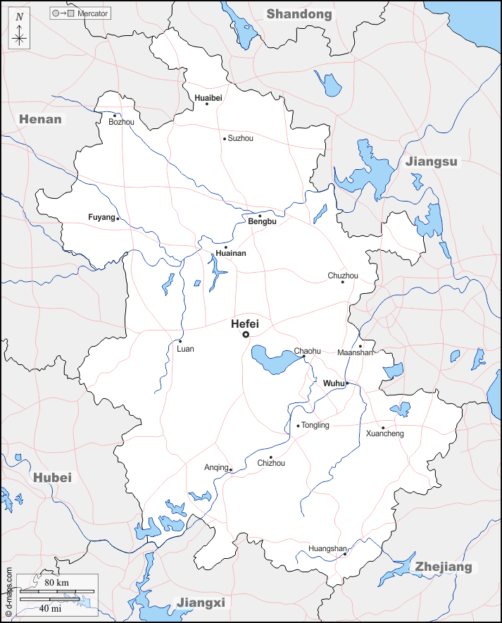 Mapa de Anhui (China) con nombres y sin nombres