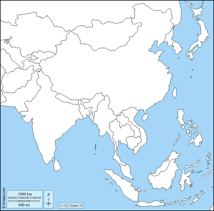 Mapa de Asia meridional y oriental con nombres y sin nombres
