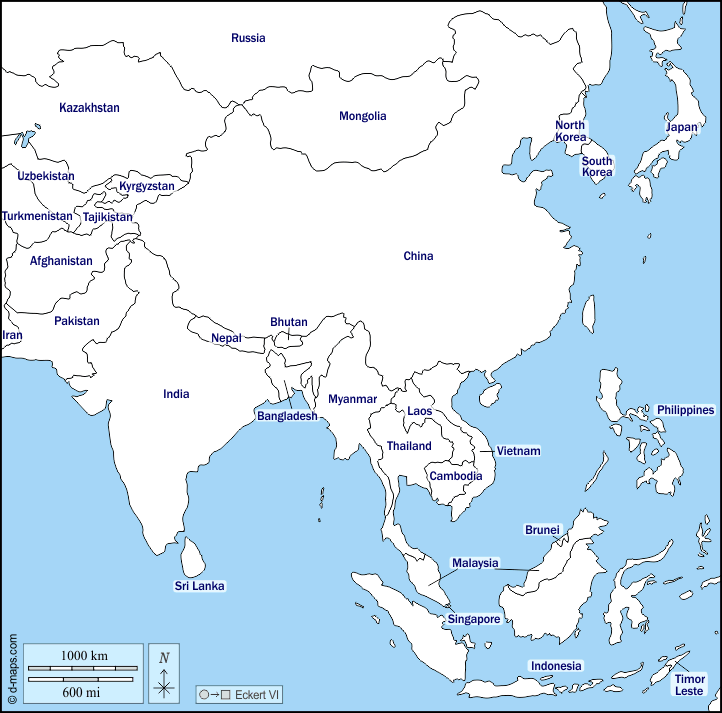 Mapa de Asia meridional y oriental con nombres y sin nombres