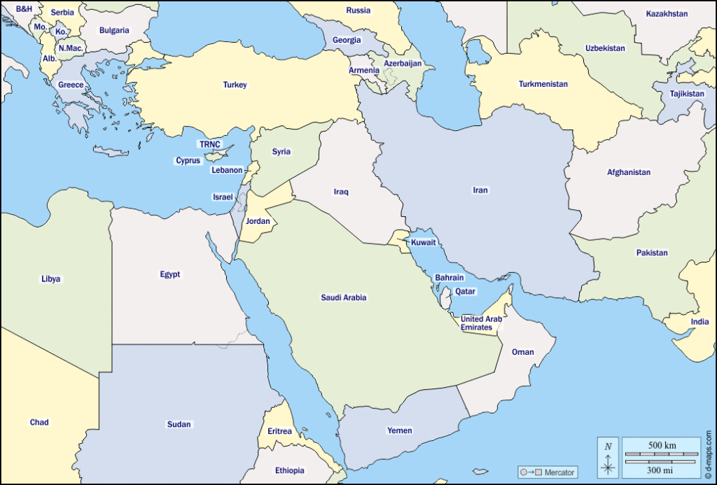 Mapa de Asia del Suroeste con nombres y sin nombres