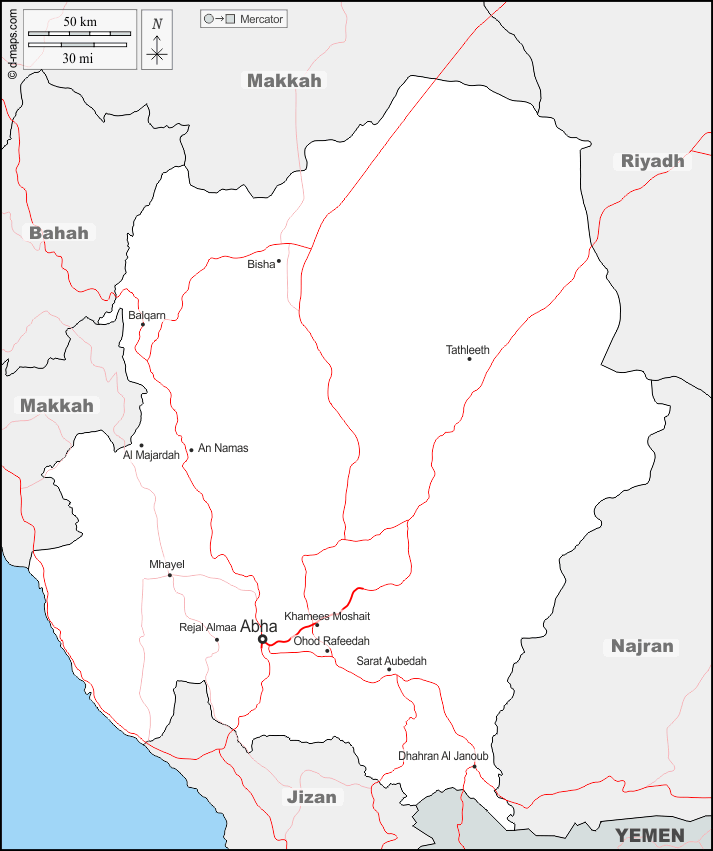 Mapa de Asir (Arabia Saudita) con nombres y sin nombres