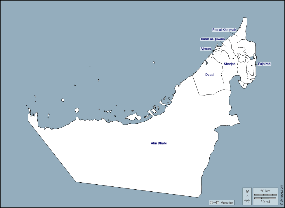 Mapa de Emiratos Árabes Unidos con nombres y sin nombres