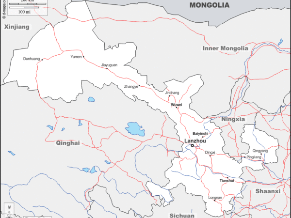 Mapa de Gansu (China) con nombres y sin nombres