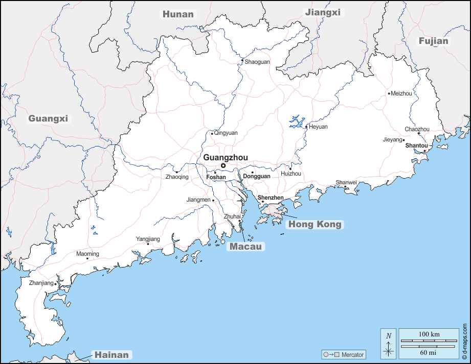 Mapa de Guangdong (China) con nombres y sin nombres