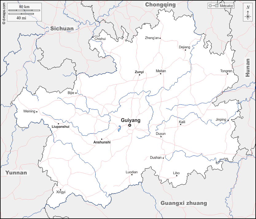 Mapa de Guizhou con nombres y sin nombres