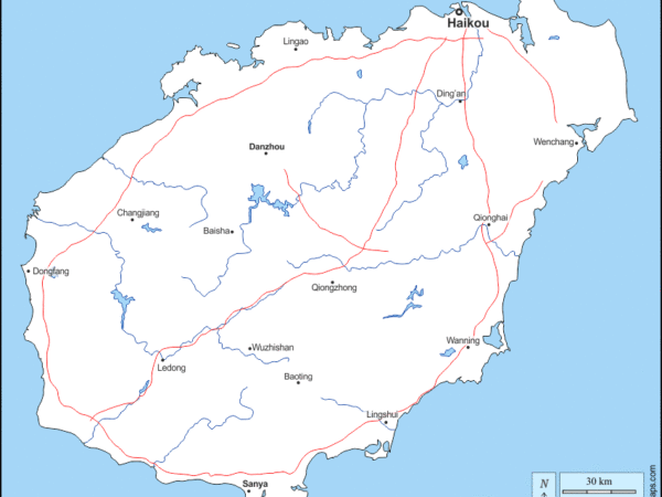 Mapa de Hainan (China) con nombres y sin nombres