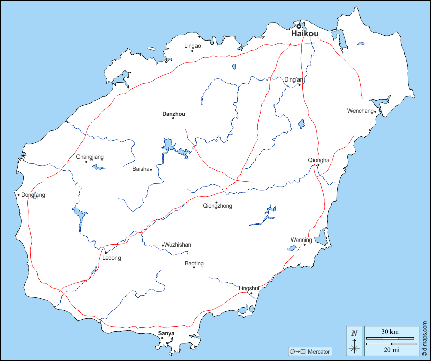 Mapa de Hainan (China) con nombres y sin nombres
