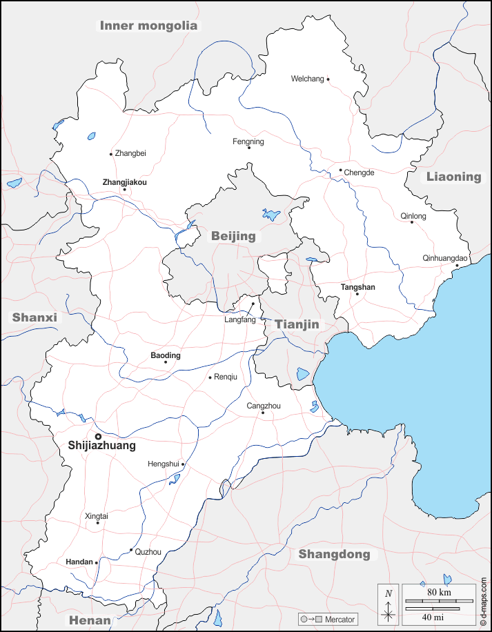 Mapa de Hebei (China) con nombres y sin nombres