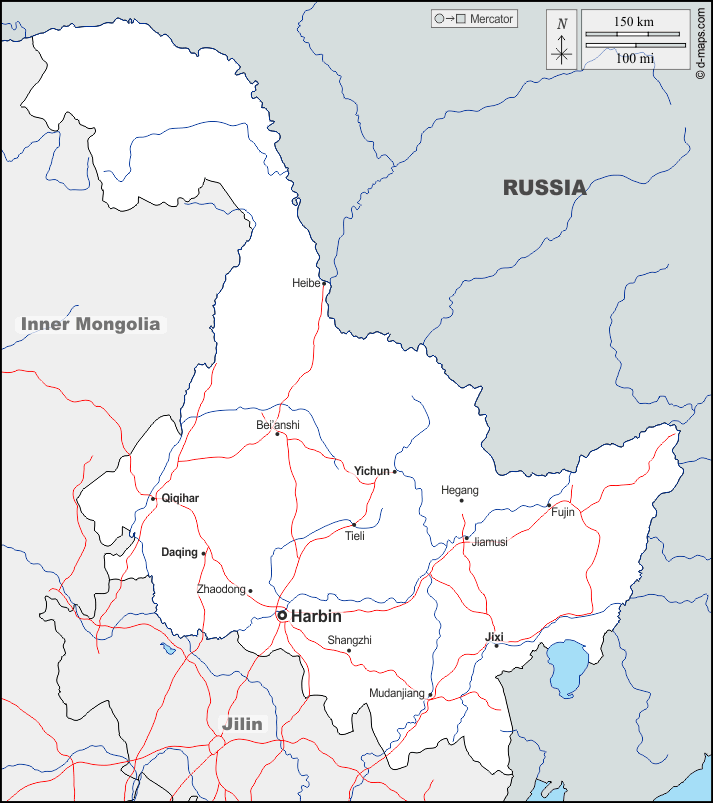 Mapa de Heilongjiang (China) con nombres y sin nombres