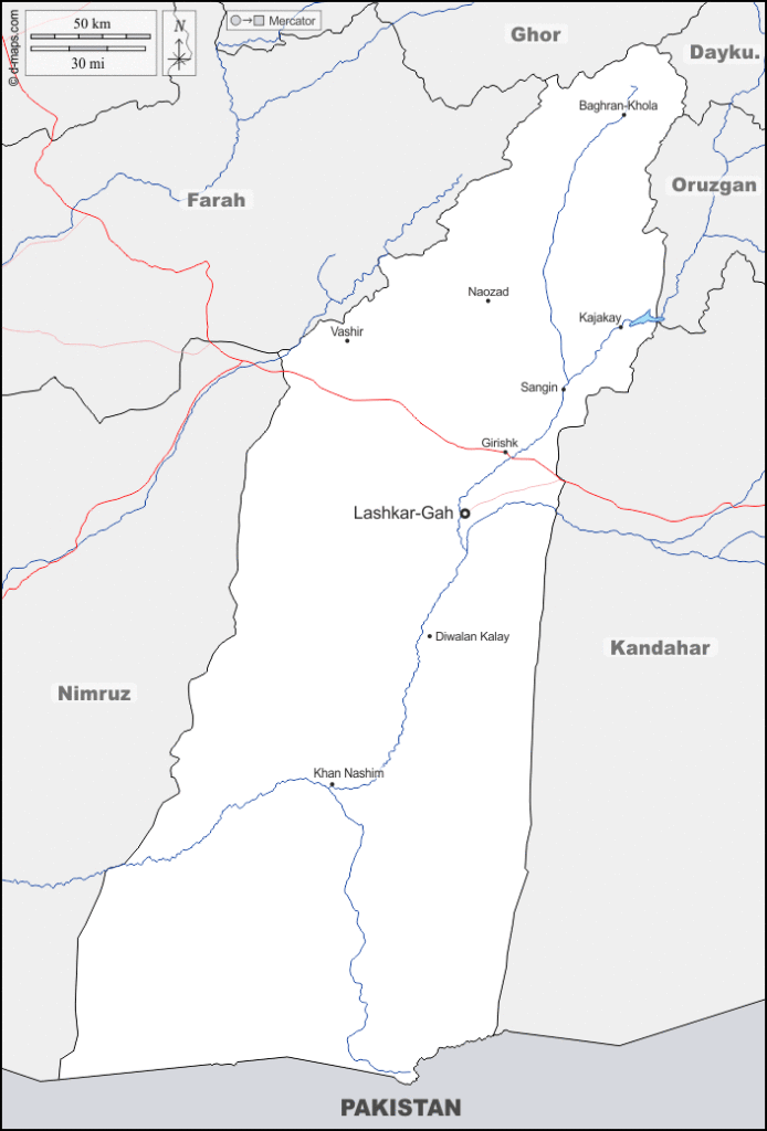 Mapa de Helmand con nombres y sin nombres