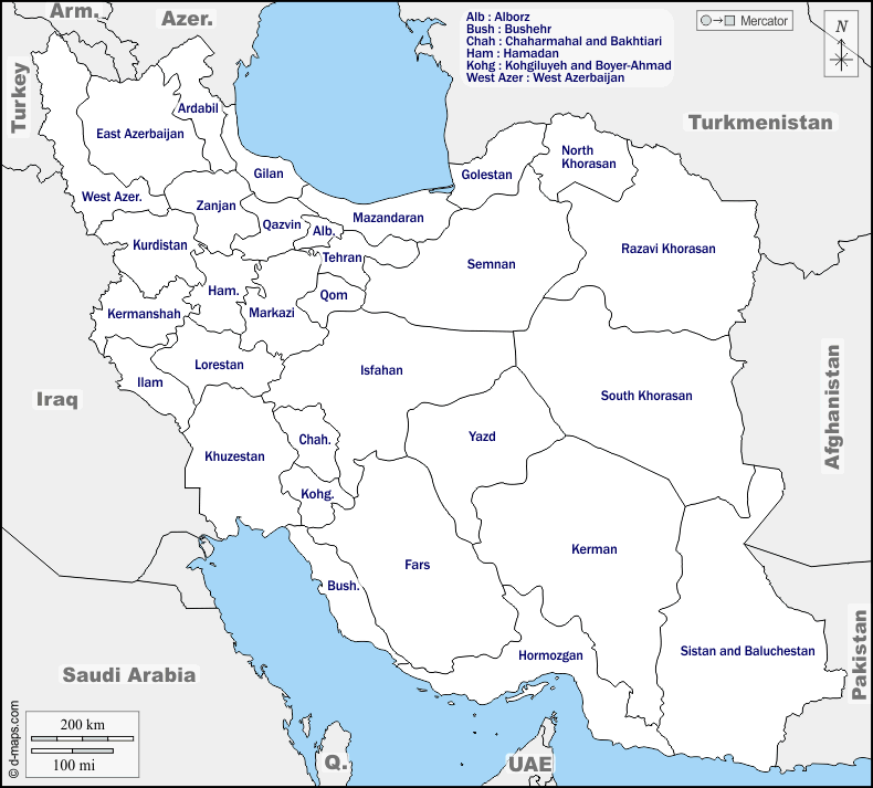 Mapa de Irán con nombres y sin nombres