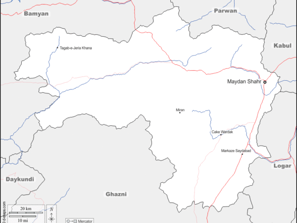 Mapa de Maidan Wardak con nombres y sin nombres