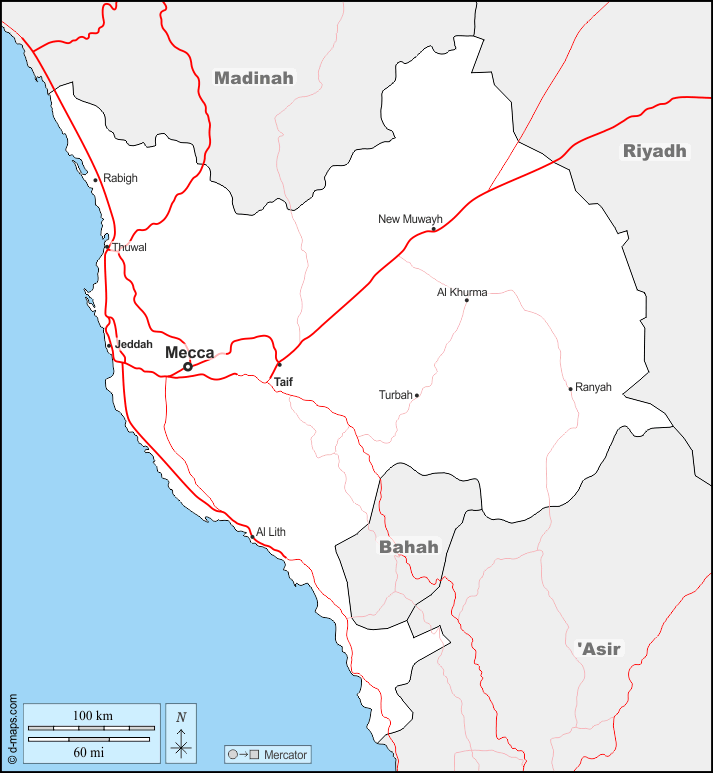 Mapa de La Meca (Arabia Saudita) con nombres y sin nombres
