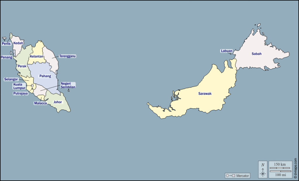 Mapa de Malasia con nombres y sin nombres
