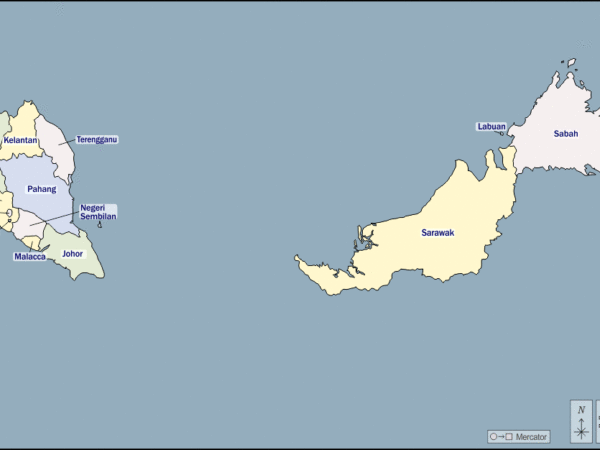 Mapa de Malasia con nombres y sin nombres