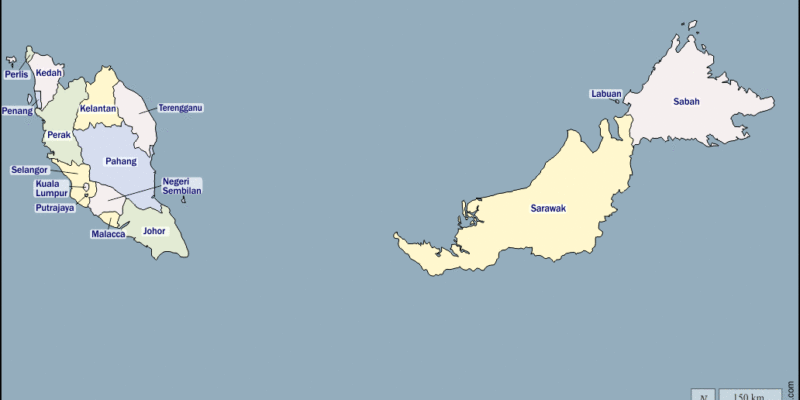 Mapa de Malasia con nombres y sin nombres