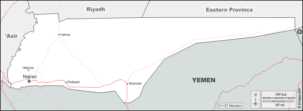 Mapa de Najrán (Arabia Saudita) con nombres y sin nombres