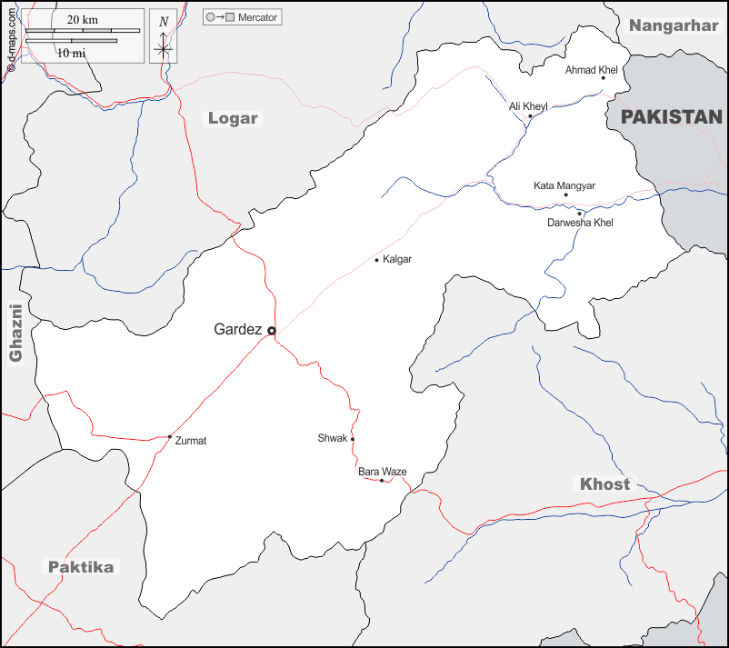 Mapa de Paktia con nombres y sin nombres