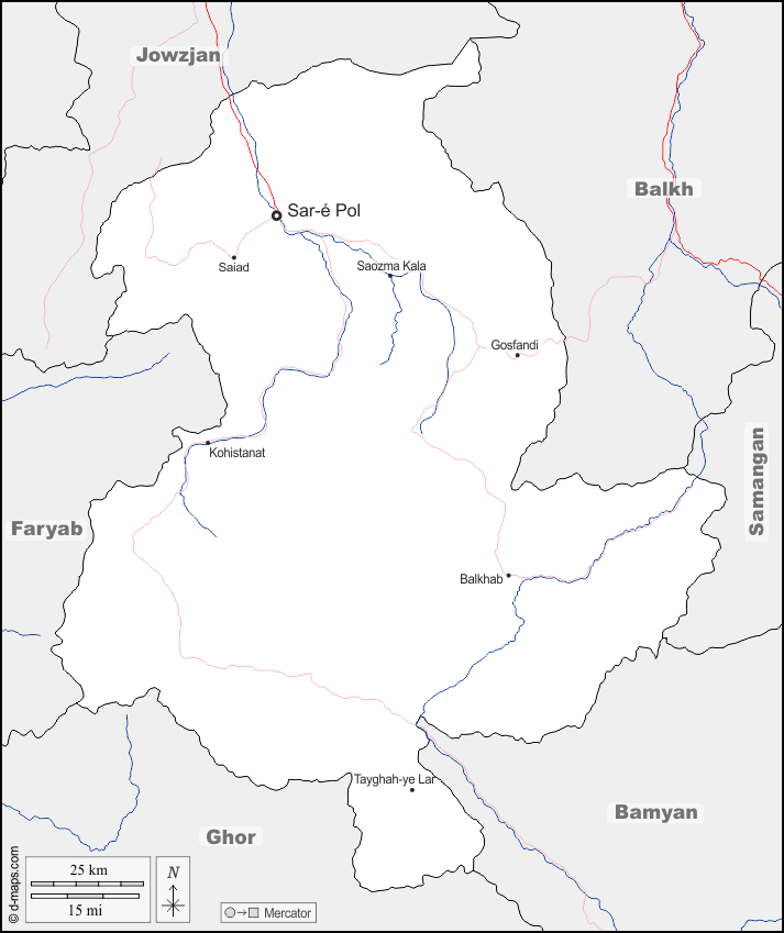 Mapa de Sar-e Pul con nombres y sin nombres