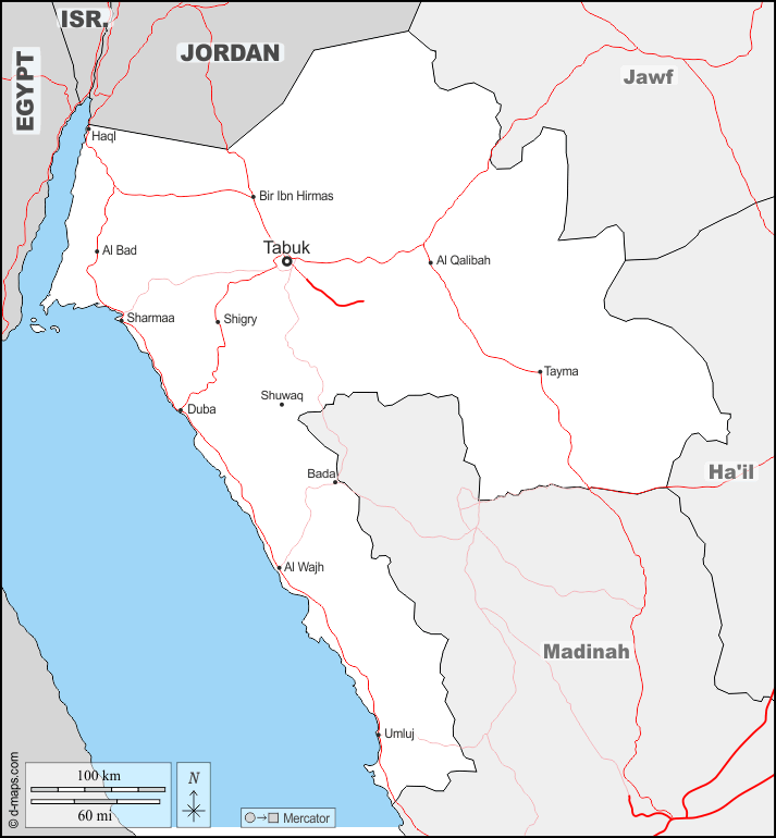 Mapa de Tabuk (Arabia Saudita) con nombres y sin nombres