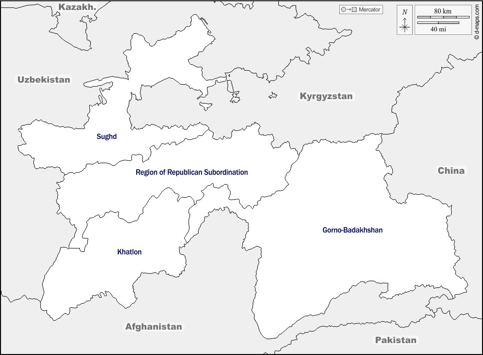 Mapa de Tayikistán con nombres y sin nombres