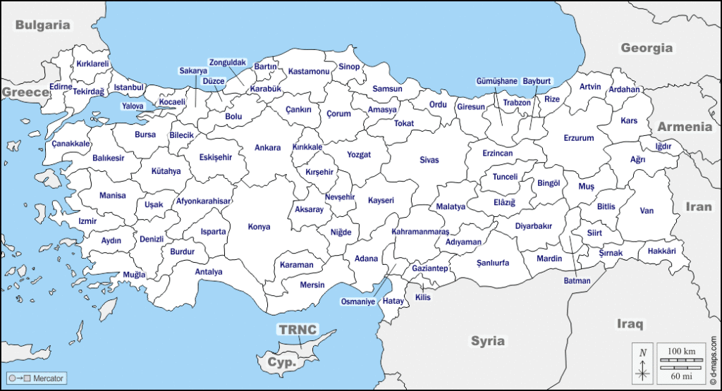 Mapa de Turquía con nombres y sin nombres