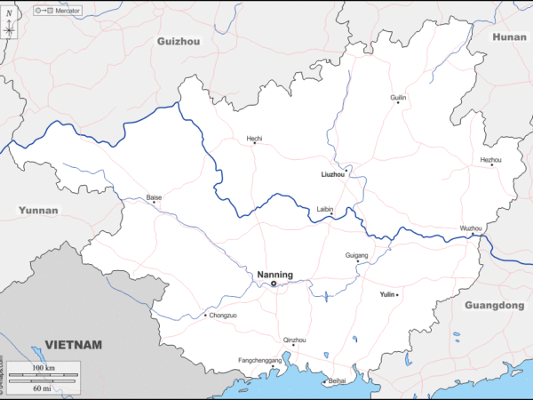 Mapa de Guangxi (China) con nombres y sin nombres