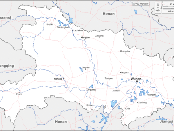 Mapa de Hubei (China) con nombres y sin nombres