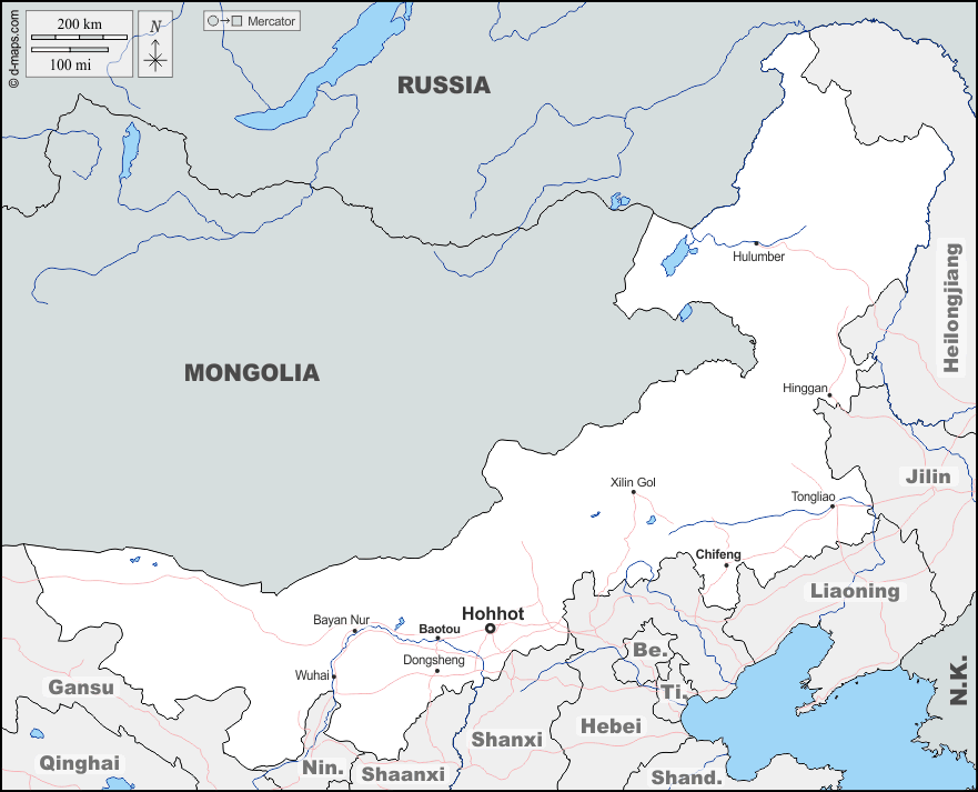 Mapa de Mongolia Interior con nombres y sin nombres
