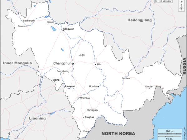 Mapa de Jilin (China) con nombres y sin nombres