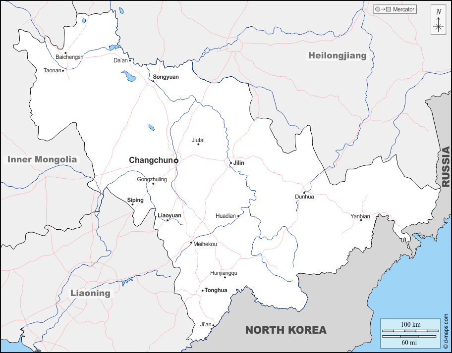 Mapa de Jilin (China) con nombres y sin nombres