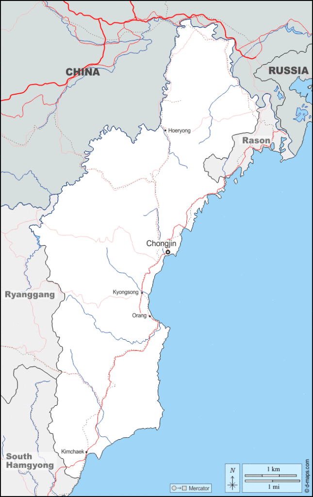 Mapa de Hamgyong del Norte con nombres y sin nombres