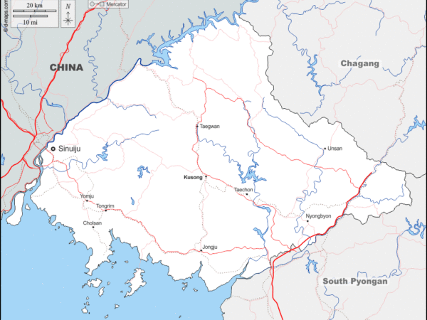 Mapa de Pyongan del Norte con nombres y sin nombres