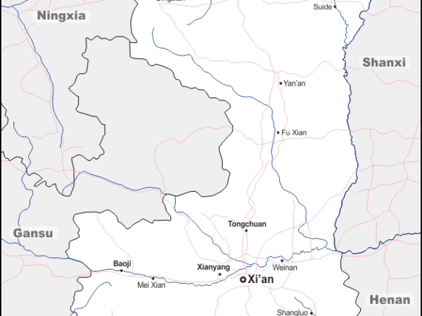 Mapa de Shaanxi (China) con nombres y sin nombres