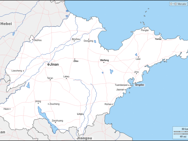 Mapa de Shandong (China) con nombres y sin nombres